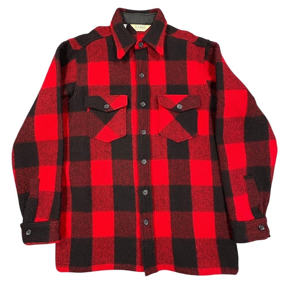 Vintage LL Bean Maine Guide Shirt Jacket Mens L Red Black Buffalo Plaid Wool 80s
